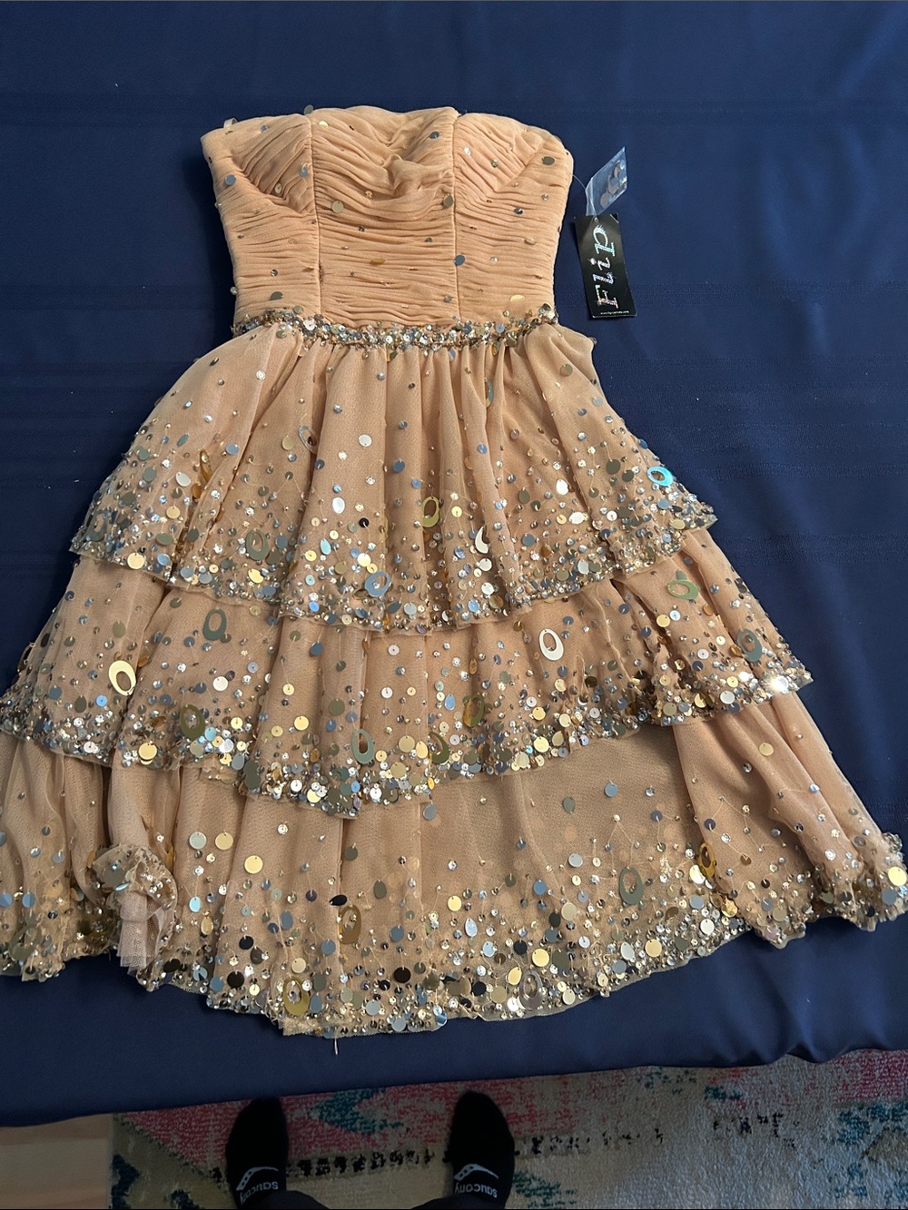 Junior' Champagne Sequin Tiered Strapless Party Dress